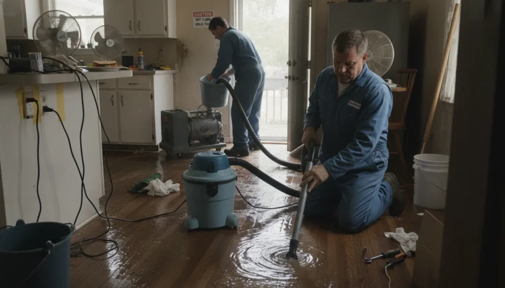Wet/dry vac for small floods, pump for larger water; keep cords and outlets dry during Cedar Park cleanup