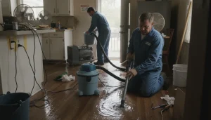 Wet/dry vac for small floods, pump for larger water; keep cords and outlets dry during Cedar Park cleanup