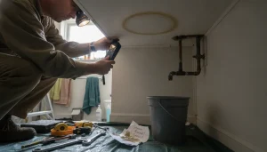 Round, expanding ceiling stain near a bathroom with soft flooring and warped drywall—hidden water leak signs